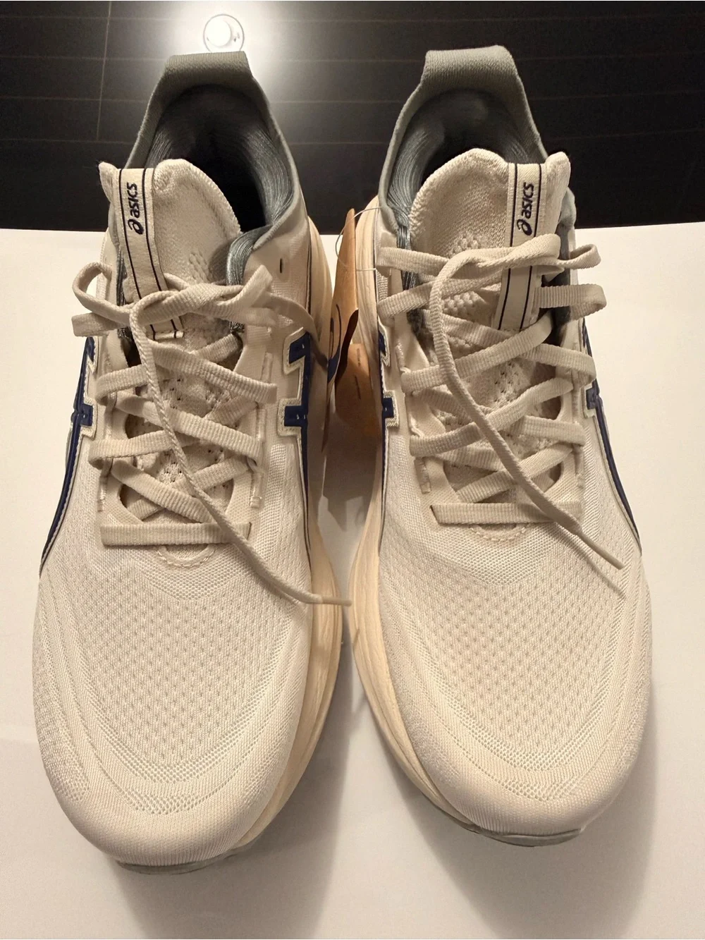 Asics Gel Nimbus 27 Men's Running Shoes in Cream with Navy Stripes